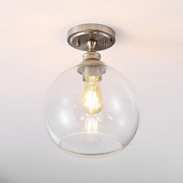 Marla 9.75" Bohemian Farmhouse Iron/Seeded Glass LED Semi Flush Mount - JONATHAN Y